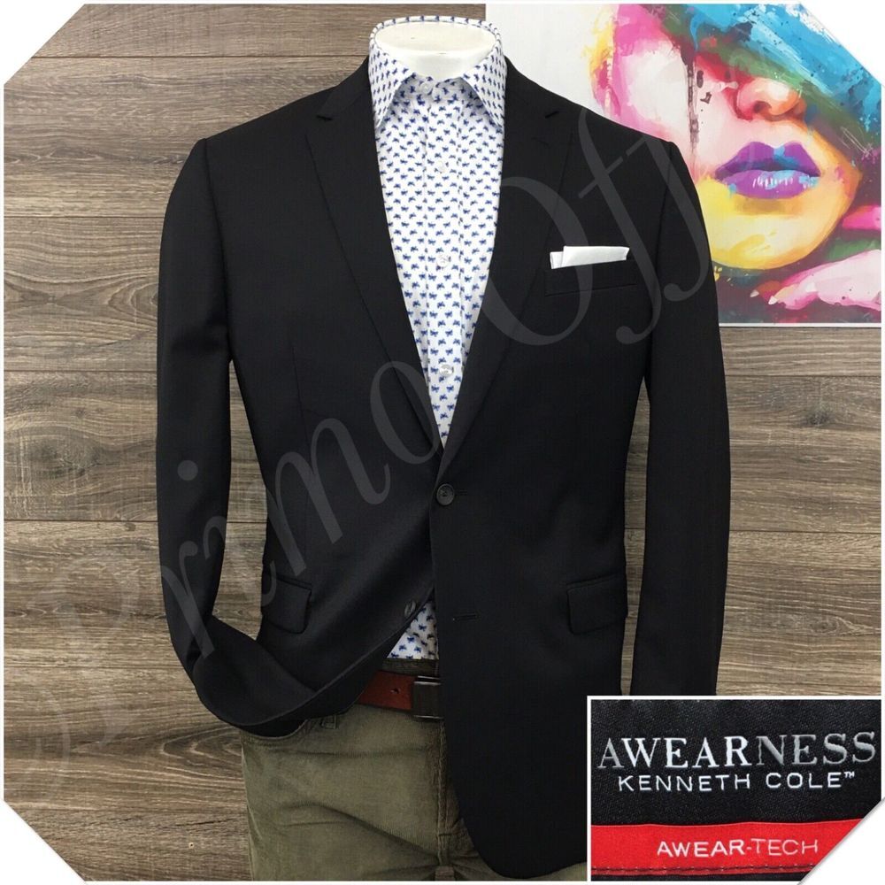 KENNETH COLE Mens Blazer Sport Coat Casual Jacket Size 44L‎ Slim Wool Suit Black